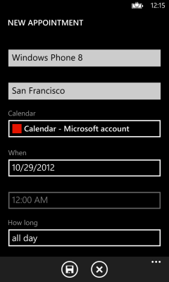 Calendar Import screen on Windows Phone 8 showing sample appointment details