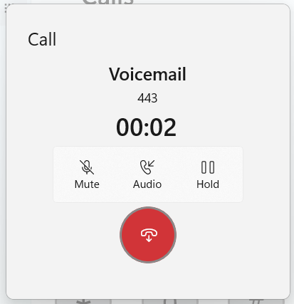 Thy Phone Call Progress Dialog showing a call in progress to "Voicemail" with toggles to mute, switch audio or put call on hold.